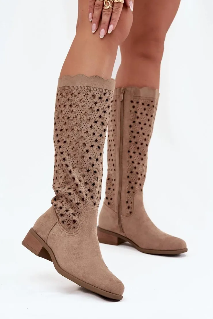 Best Boto Kozaki Damskie Na Niskim Obcasie Z Ażurowym Wzorem Beżowe Marcelline