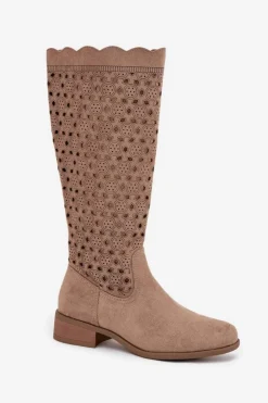 Best Boto Kozaki Damskie Na Niskim Obcasie Z Ażurowym Wzorem Beżowe Marcelline