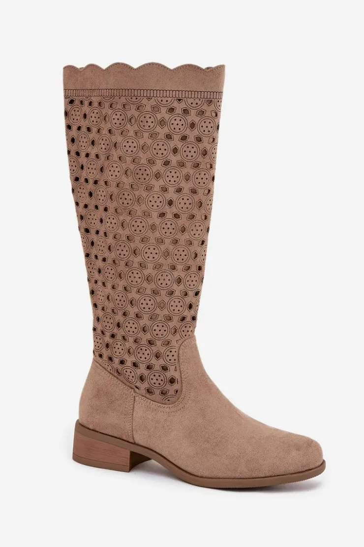 Best Boto Kozaki Damskie Na Niskim Obcasie Z Ażurowym Wzorem Beżowe Marcelline