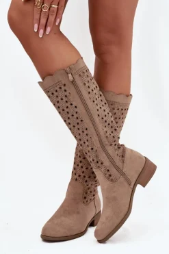 Best Boto Kozaki Damskie Na Niskim Obcasie Z Ażurowym Wzorem Beżowe Marcelline