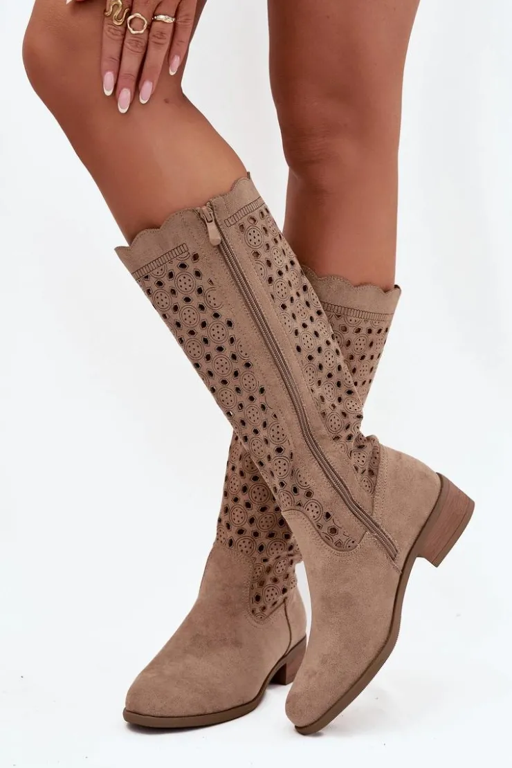Best Boto Kozaki Damskie Na Niskim Obcasie Z Ażurowym Wzorem Beżowe Marcelline