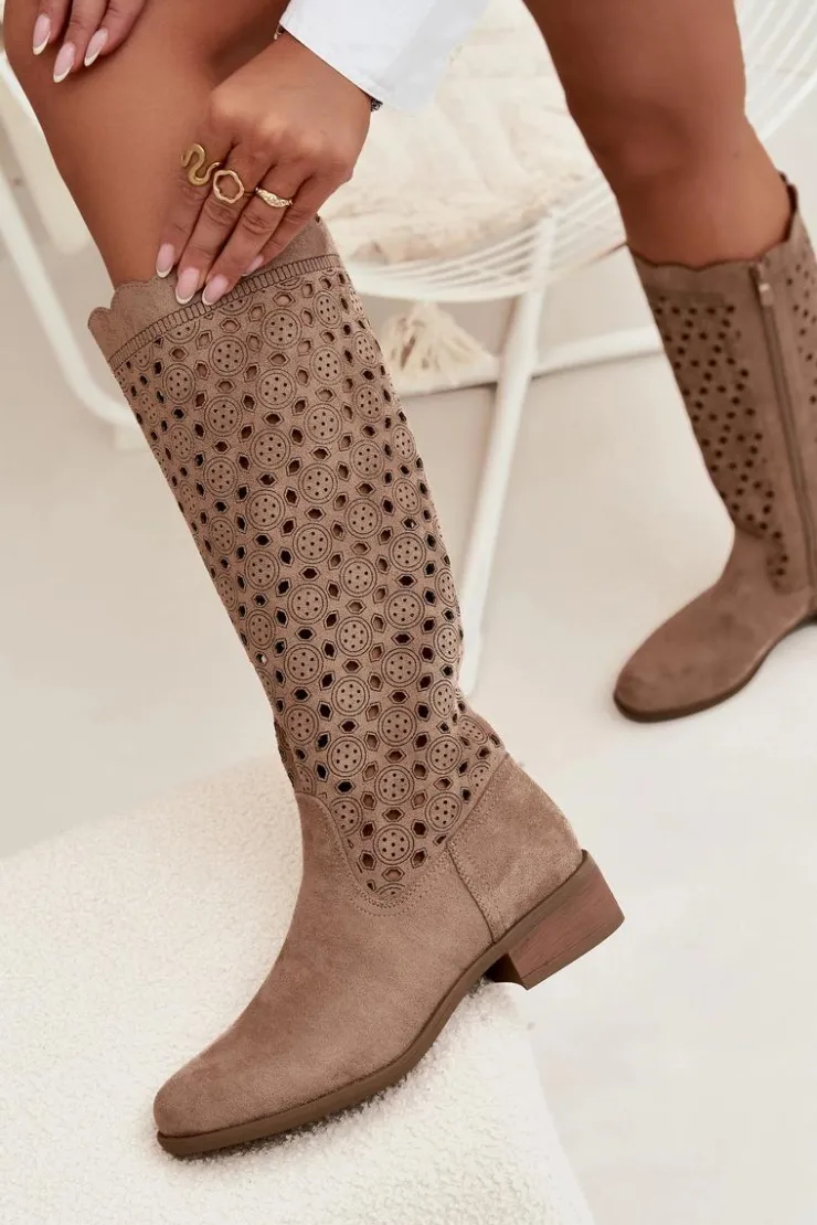 Best Boto Kozaki Damskie Na Niskim Obcasie Z Ażurowym Wzorem Beżowe Marcelline