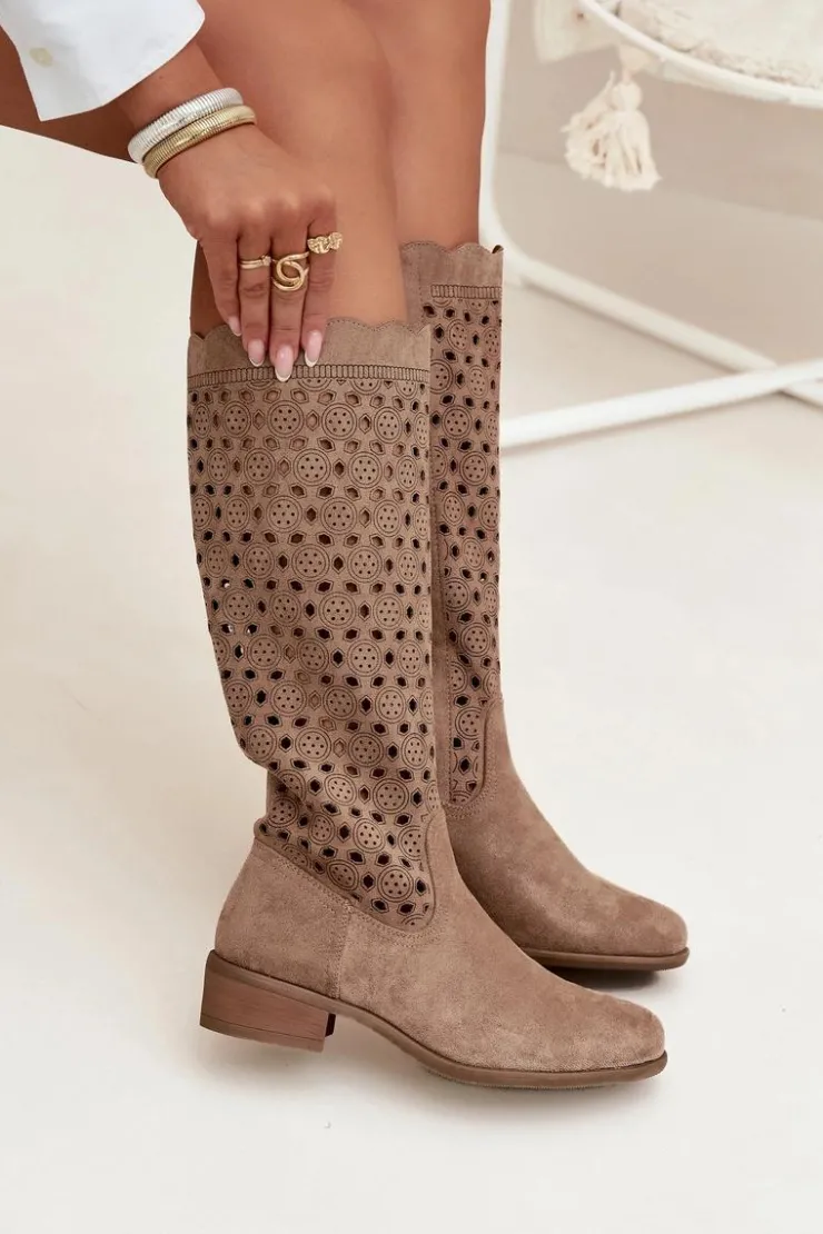 Best Boto Kozaki Damskie Na Niskim Obcasie Z Ażurowym Wzorem Beżowe Marcelline