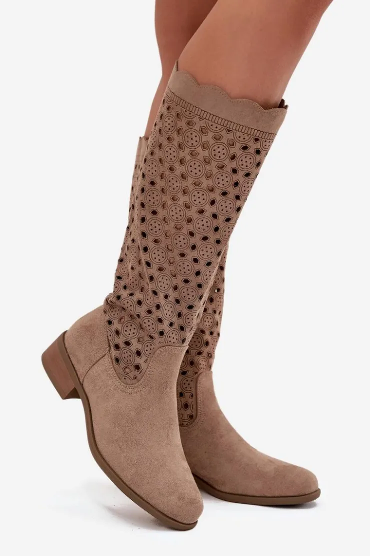 Best Boto Kozaki Damskie Na Niskim Obcasie Z Ażurowym Wzorem Beżowe Marcelline