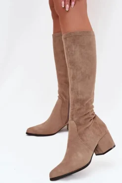 Buty Sergio Leone Kozaki Ocieplane|Kozaki Przed Kolano*Kozaki Damskie Na Niskim Obcasie Eko Zamszowe Sergio Leone KZ212 Beżowe