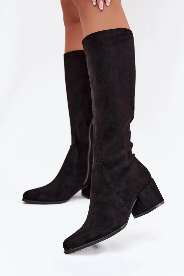 Damskie Buty Sergio Leone Kozaki Damskie Na Niskim Obcasie Eko Zamszowe Sergio Leone KZ212 Czarne