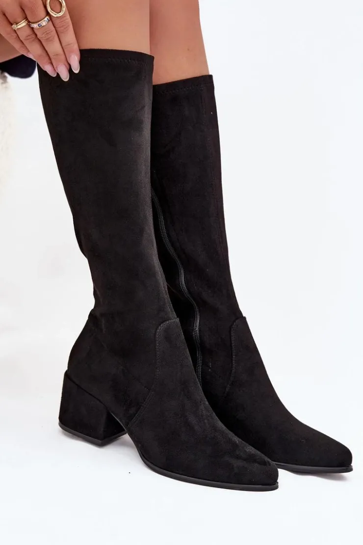 Damskie Buty Sergio Leone Kozaki Damskie Na Niskim Obcasie Eko Zamszowe Sergio Leone KZ212 Czarne