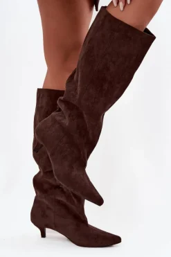 Damskie Boto Kozaki Damskie Na Obcasie Z Eko Zamszu Czekoladowe Pheona