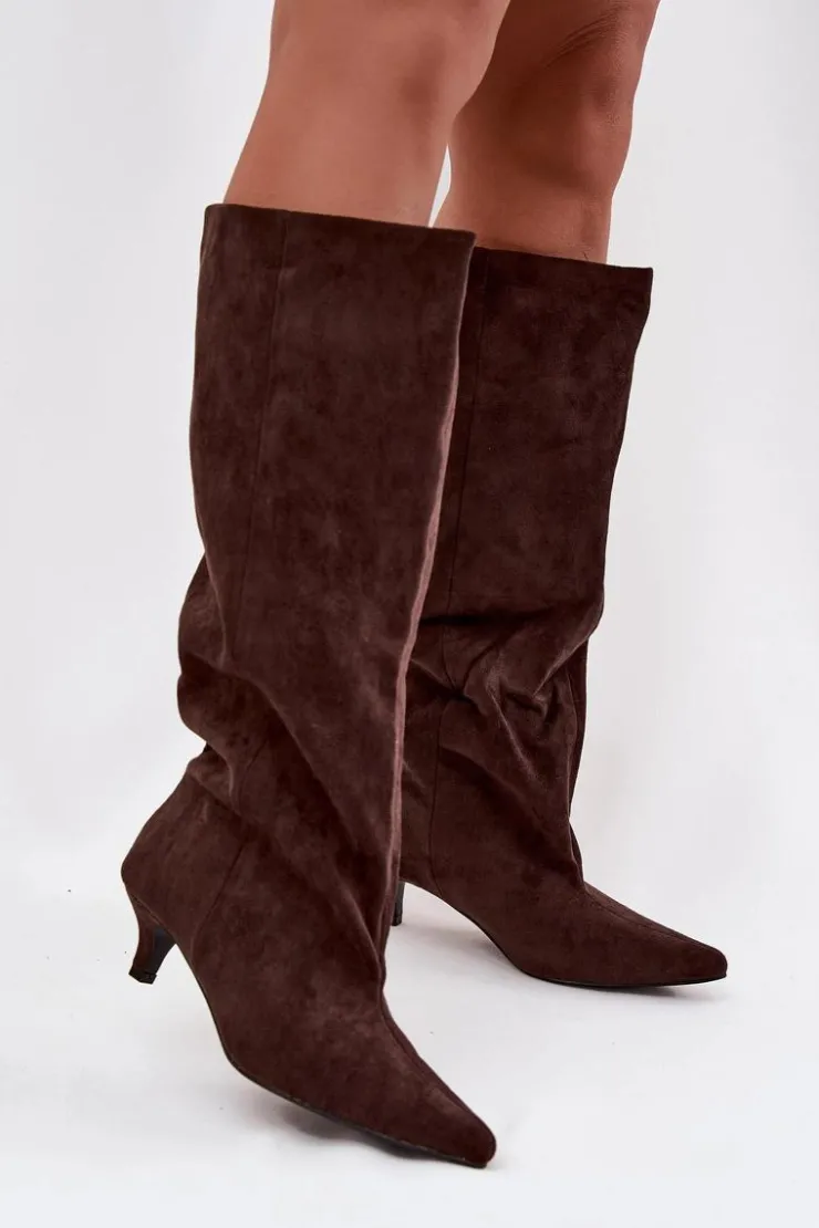 Damskie Boto Kozaki Damskie Na Obcasie Z Eko Zamszu Czekoladowe Pheona