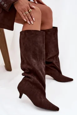 Damskie Boto Kozaki Damskie Na Obcasie Z Eko Zamszu Czekoladowe Pheona