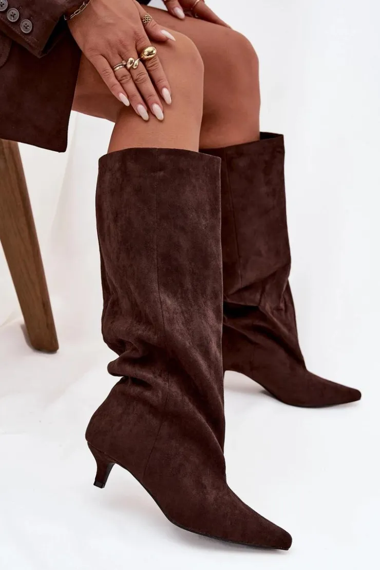 Damskie Boto Kozaki Damskie Na Obcasie Z Eko Zamszu Czekoladowe Pheona