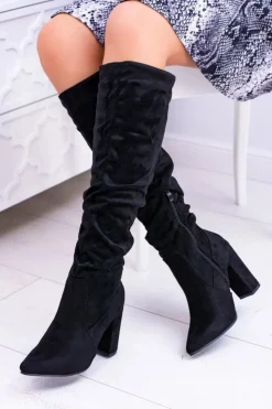 Sale Boto Kozaki Damskie Na Obcasie W Szpic Zamszowe Czarne Nightcall