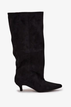 Damskie Boto Kozaki Damskie Na Obcasie Z Eko Zamszu Czarne Pheona