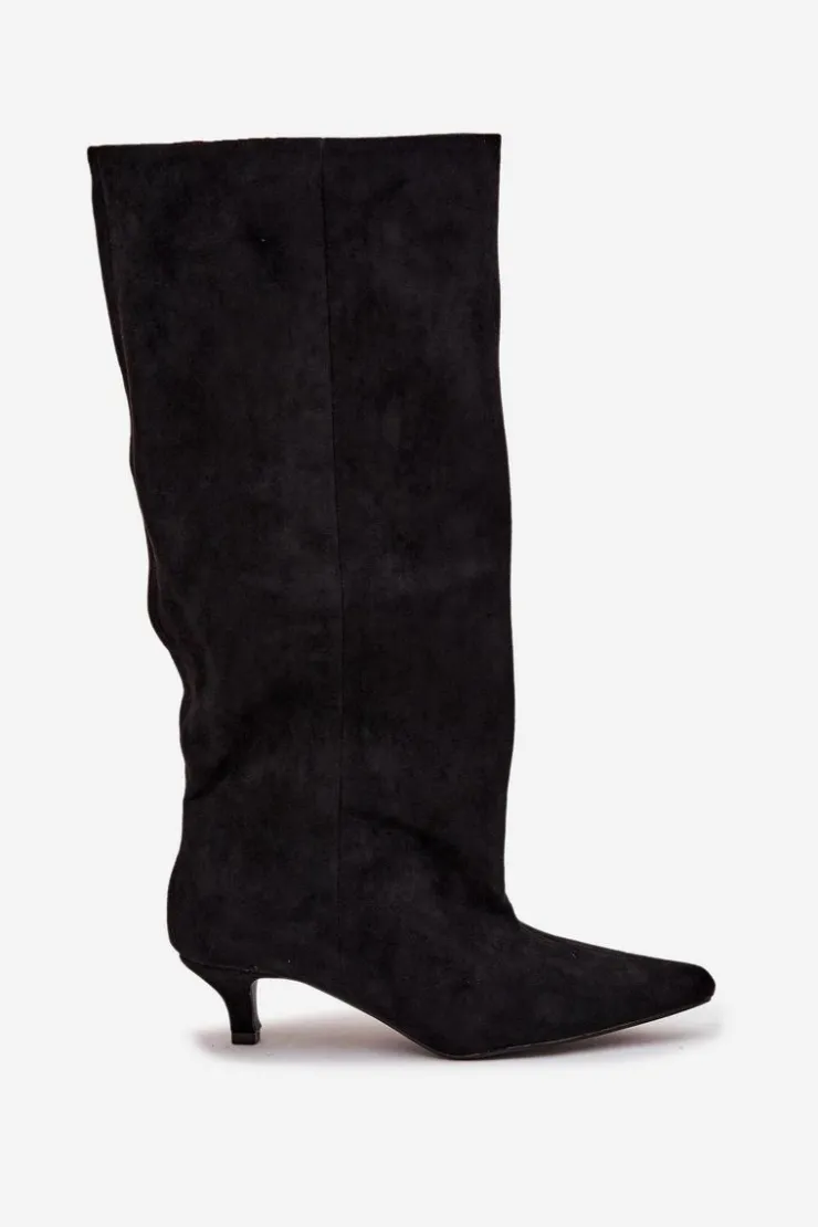 Damskie Boto Kozaki Damskie Na Obcasie Z Eko Zamszu Czarne Pheona