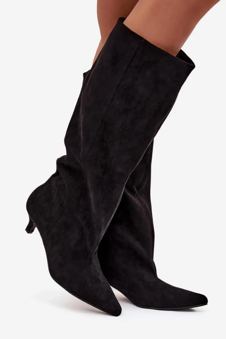 Damskie Boto Kozaki Damskie Na Obcasie Z Eko Zamszu Czarne Pheona