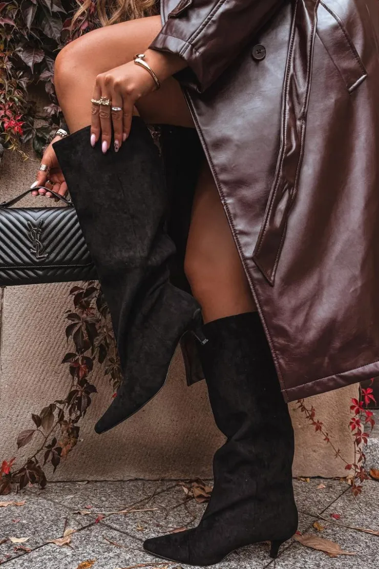 Damskie Boto Kozaki Damskie Na Obcasie Z Eko Zamszu Czarne Pheona