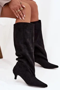 Damskie Boto Kozaki Damskie Na Obcasie Z Eko Zamszu Czarne Pheona