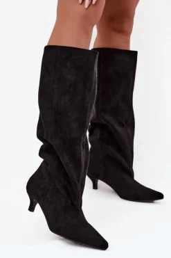 Damskie Boto Kozaki Damskie Na Obcasie Z Eko Zamszu Czarne Pheona