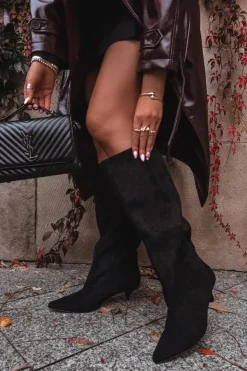 Damskie Boto Kozaki Damskie Na Obcasie Z Eko Zamszu Czarne Pheona