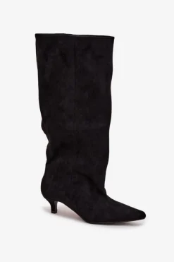 Damskie Boto Kozaki Damskie Na Obcasie Z Eko Zamszu Czarne Pheona