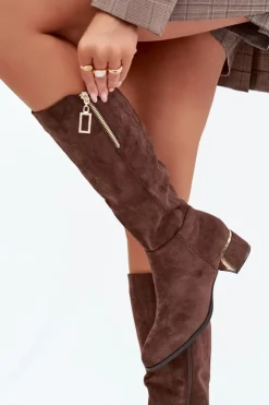 Sale Boto Kozaki Damskie Na Obcasie Z Eko Zamszu Brązowe Lyvienne