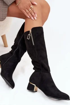 Boto Kozaki Ocieplane|Kozaki Przed Kolano*Kozaki Damskie Na Obcasie Z Eko Zamszu Czarne Lyvienne Czarny