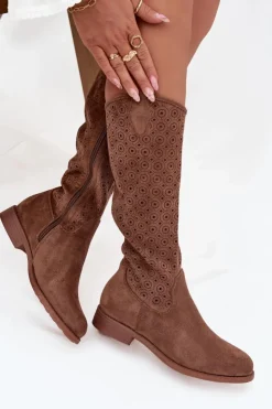 Damskie buty S.Barski Kozaki Ażurowe|Kozaki Płaskie*Kozaki Damskie Na Płaskim Obcasie Z Ażurowym Wzorem S.Barski HY52-531 Brązowe Brązowy