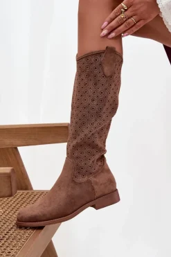 Damskie buty S.Barski Kozaki Ażurowe|Kozaki Płaskie*Kozaki Damskie Na Płaskim Obcasie Z Ażurowym Wzorem S.Barski HY52-531 Brązowe Brązowy