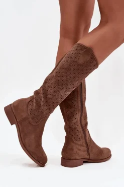 Damskie buty S.Barski Kozaki Ażurowe|Kozaki Płaskie*Kozaki Damskie Na Płaskim Obcasie Z Ażurowym Wzorem S.Barski HY52-531 Brązowe Brązowy