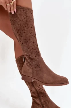 Damskie buty S.Barski Kozaki Ażurowe|Kozaki Płaskie*Kozaki Damskie Na Płaskim Obcasie Z Ażurowym Wzorem S.Barski HY52-531 Brązowe Brązowy