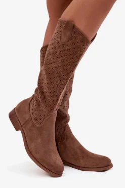 Damskie buty S.Barski Kozaki Ażurowe|Kozaki Płaskie*Kozaki Damskie Na Płaskim Obcasie Z Ażurowym Wzorem S.Barski HY52-531 Brązowe Brązowy
