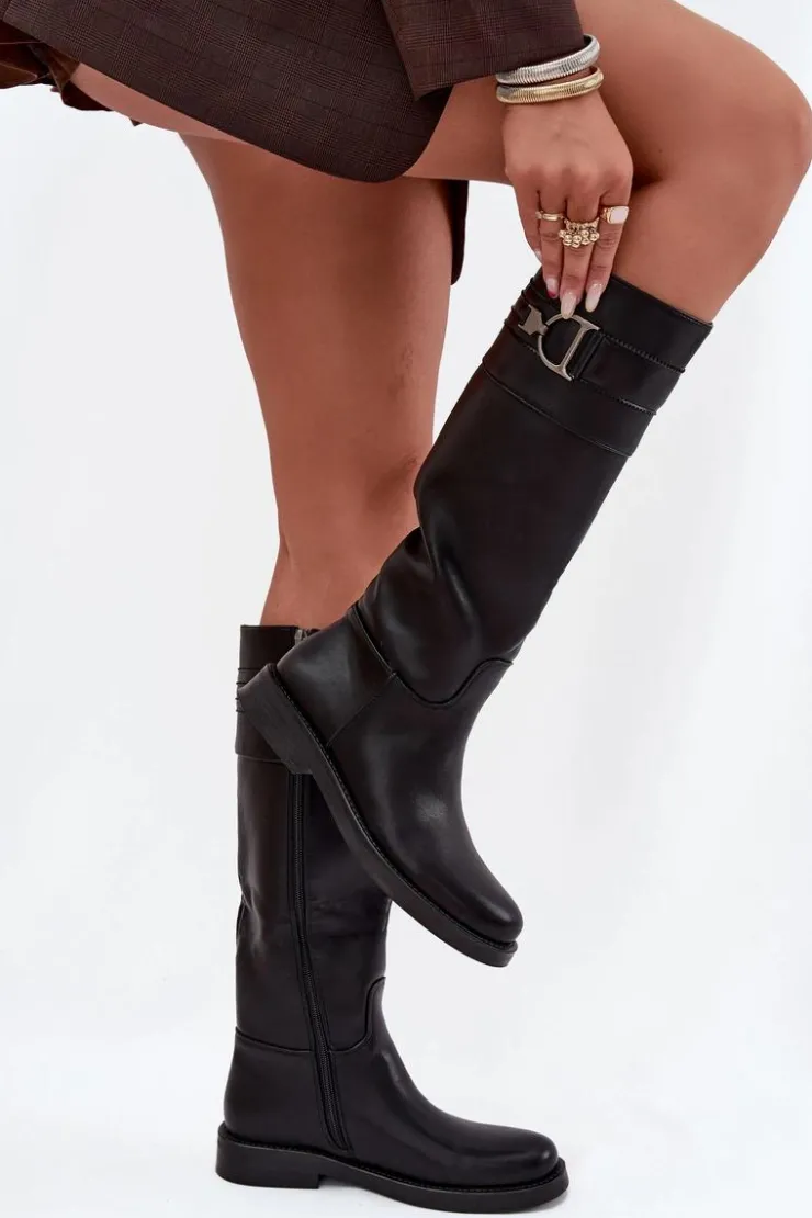 Damskie Boto Kozaki Damskie Na Płaskim Obcasie Z Ozdobnym Detalem Czarne Arvessa