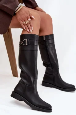 Damskie Boto Kozaki Damskie Na Płaskim Obcasie Z Ozdobnym Detalem Czarne Arvessa