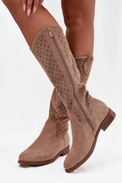 Damskie Damskie buty S.Barski Kozaki Damskie Na Płaskim Obcasie Z Ażurowym Wzorem S.Barski HY52-531 Beżowe