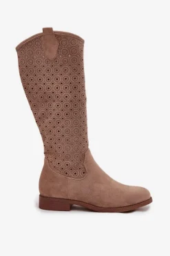 Damskie Damskie buty S.Barski Kozaki Damskie Na Płaskim Obcasie Z Ażurowym Wzorem S.Barski HY52-531 Beżowe