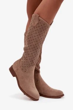 Damskie Damskie buty S.Barski Kozaki Damskie Na Płaskim Obcasie Z Ażurowym Wzorem S.Barski HY52-531 Beżowe