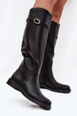 Best Boto Kozaki Damskie Na Płaskim Obcasie Z Paskiem I Złotą Klamrą Czarne Sylvena