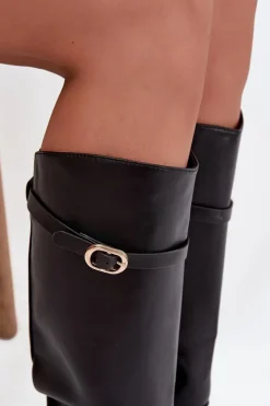 Best Boto Kozaki Damskie Na Płaskim Obcasie Z Paskiem I Złotą Klamrą Czarne Sylvena