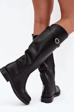 Best Boto Kozaki Damskie Na Płaskim Obcasie Z Paskiem I Złotą Klamrą Czarne Sylvena