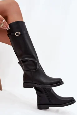 Best Boto Kozaki Damskie Na Płaskim Obcasie Z Paskiem I Złotą Klamrą Czarne Sylvena