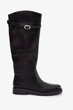 Best Boto Kozaki Damskie Na Płaskim Obcasie Z Paskiem I Złotą Klamrą Czarne Sylvena