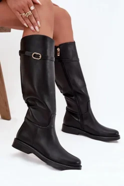 Best Boto Kozaki Damskie Na Płaskim Obcasie Z Paskiem I Złotą Klamrą Czarne Sylvena