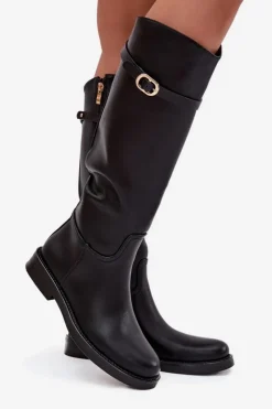 Best Boto Kozaki Damskie Na Płaskim Obcasie Z Paskiem I Złotą Klamrą Czarne Sylvena