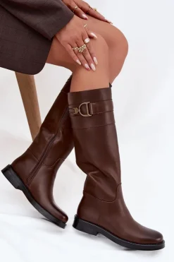 Outlet Boto Kozaki Damskie Na Płaskim Obcasie Z Ozdobnym Detalem Brązowe Arvessa