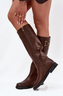 Outlet Boto Kozaki Damskie Na Płaskim Obcasie Z Ozdobnym Detalem Brązowe Arvessa