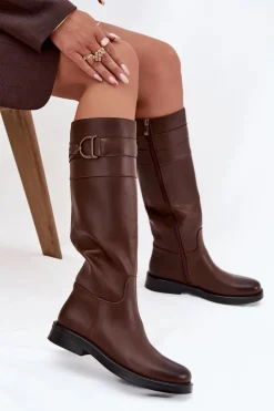 Outlet Boto Kozaki Damskie Na Płaskim Obcasie Z Ozdobnym Detalem Brązowe Arvessa