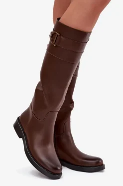 Outlet Boto Kozaki Damskie Na Płaskim Obcasie Z Ozdobnym Detalem Brązowe Arvessa