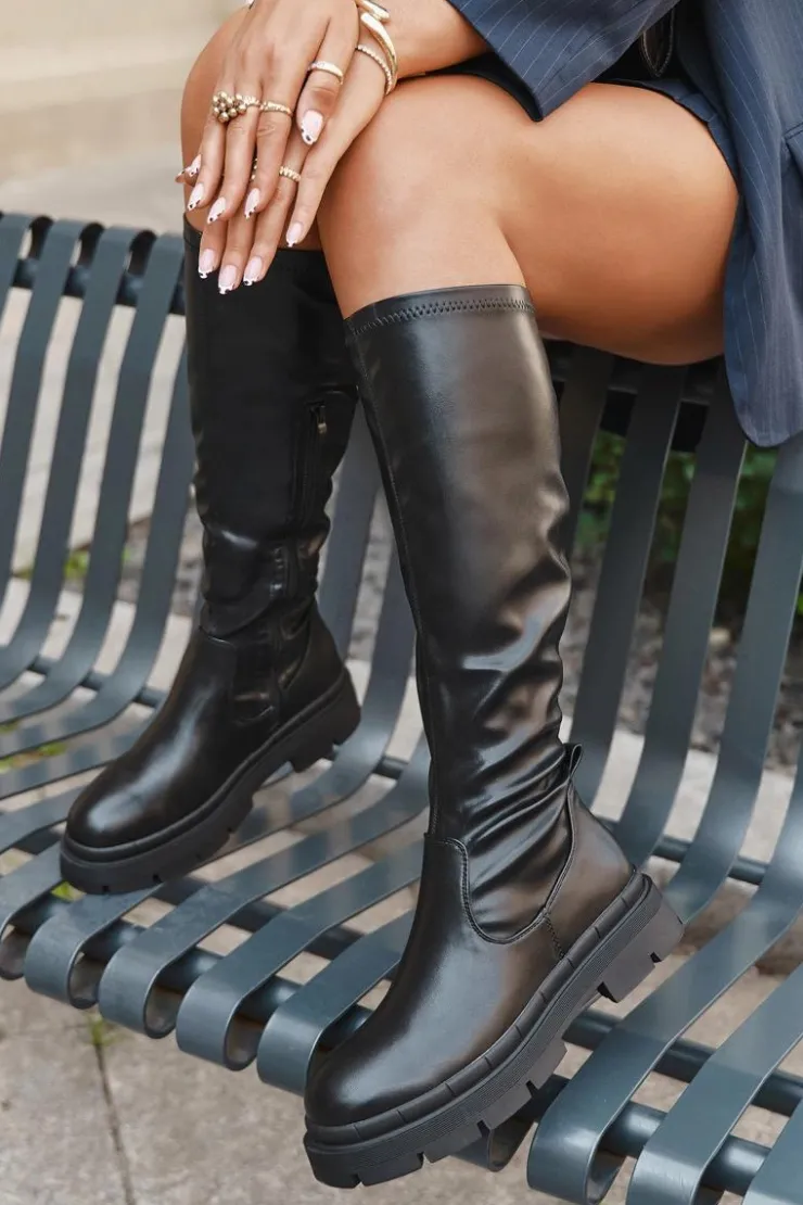 New Boto Kozaki Damskie Na Platformie Z Eko Skóry Czarne Marivelle