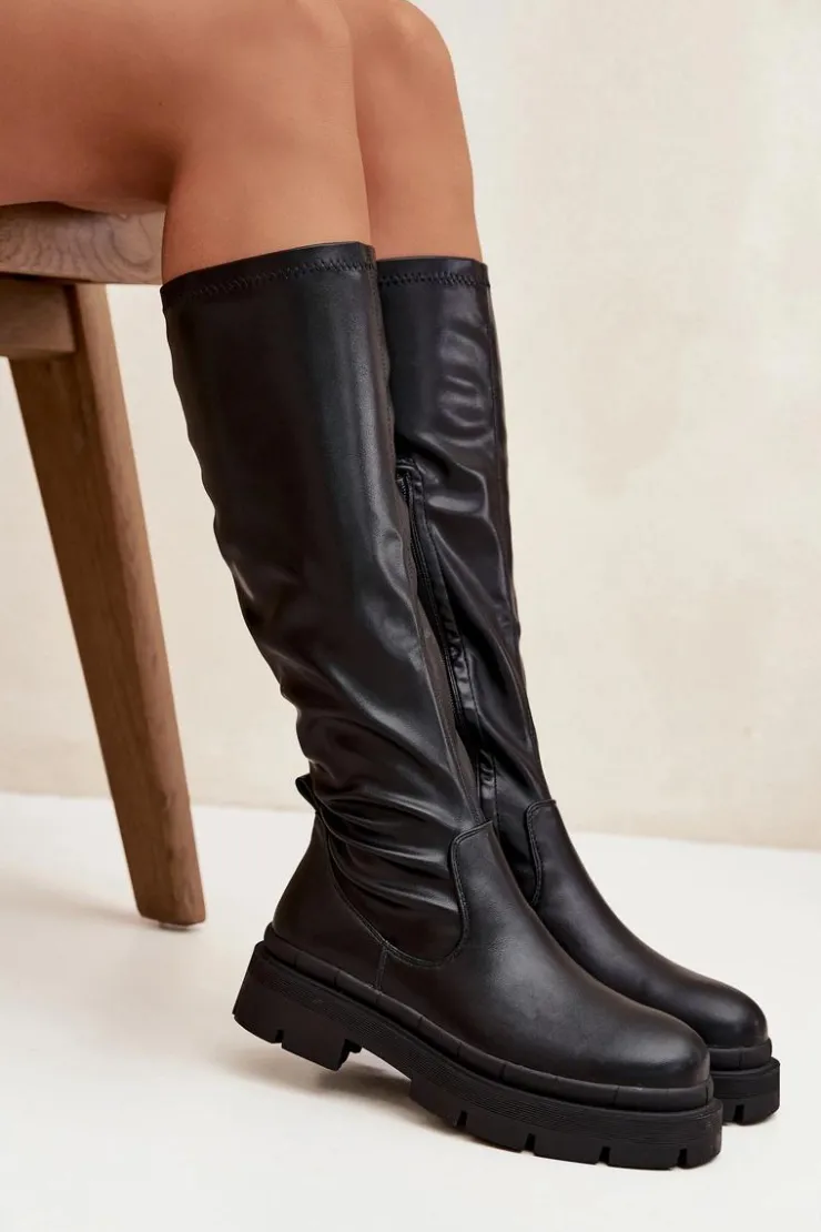 New Boto Kozaki Damskie Na Platformie Z Eko Skóry Czarne Marivelle