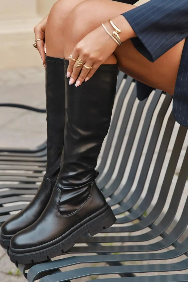 New Boto Kozaki Damskie Na Platformie Z Eko Skóry Czarne Marivelle